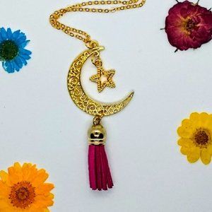 Celestial Moon Necklace with Pink Tassel